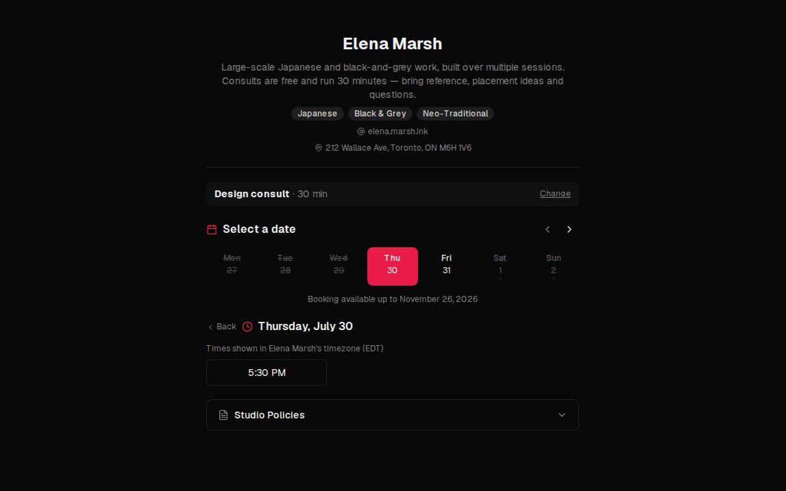 Public booking page where clients browse the artist's portfolio and pick a time