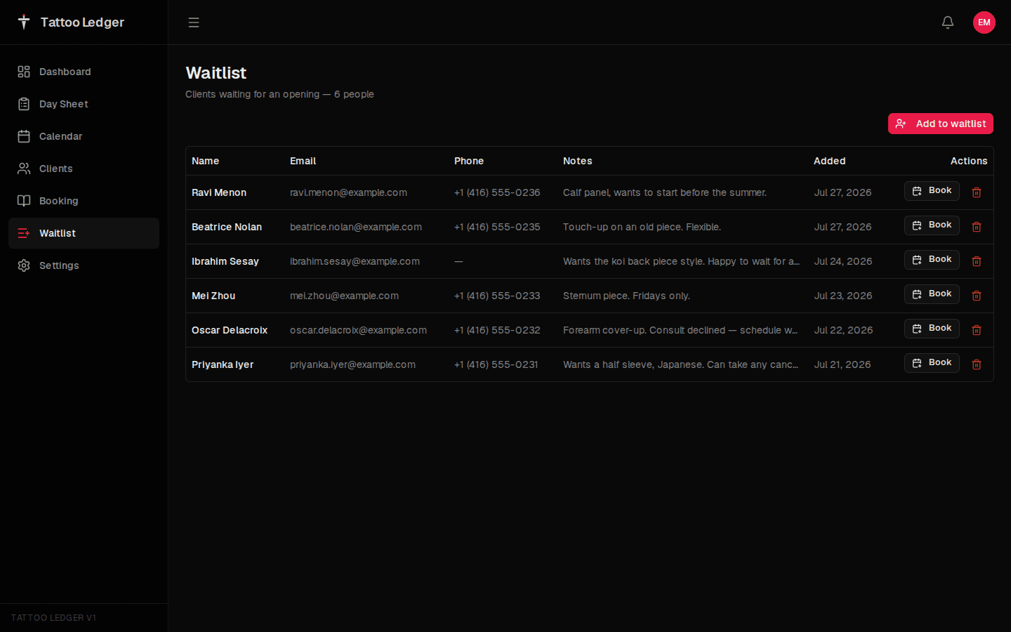 Waitlist management view with client requests and dates