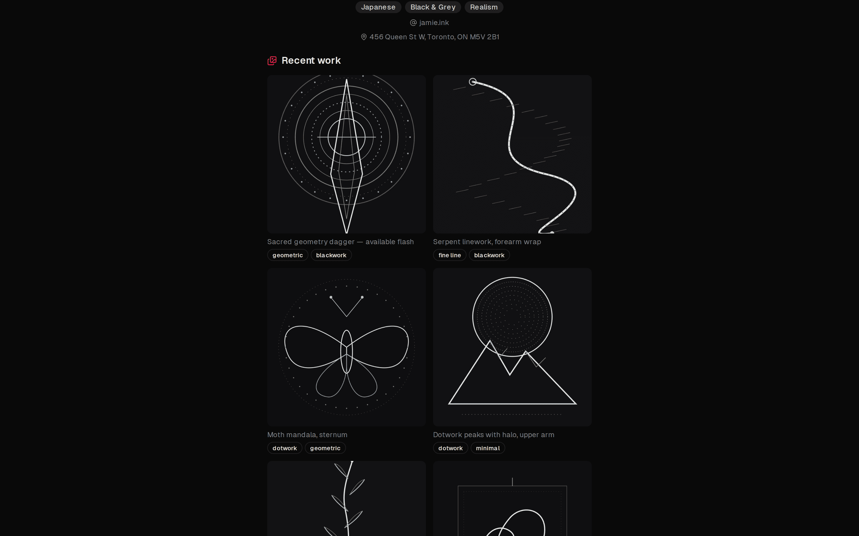 Portfolio gallery on the public booking page — recent work with style tags