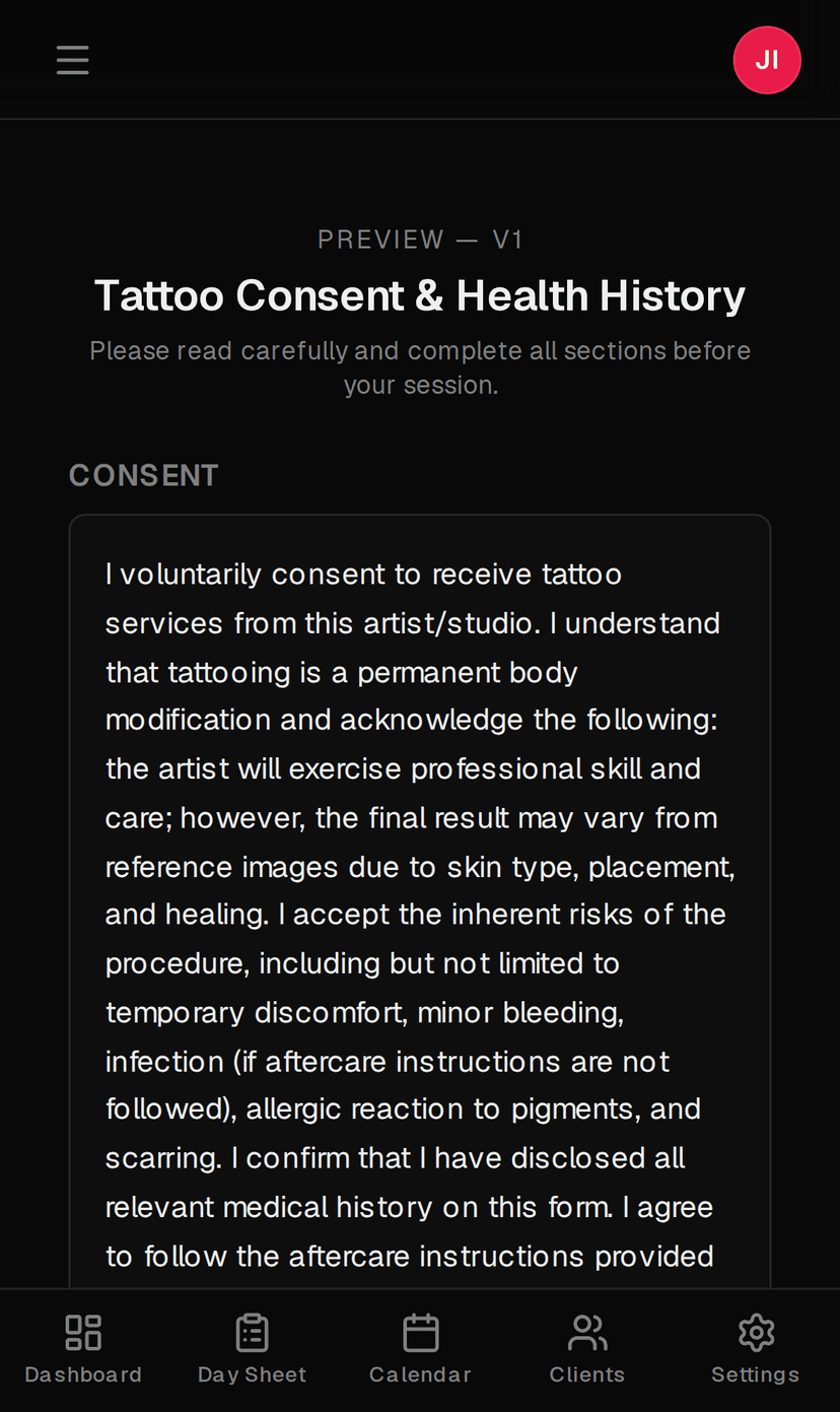 Tattoo consent and health-history waiver as the client signs it on their phone