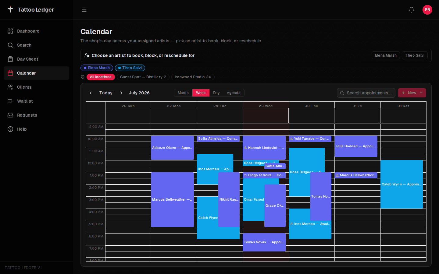 Front-desk view of a merged calendar across the artists an assistant supports